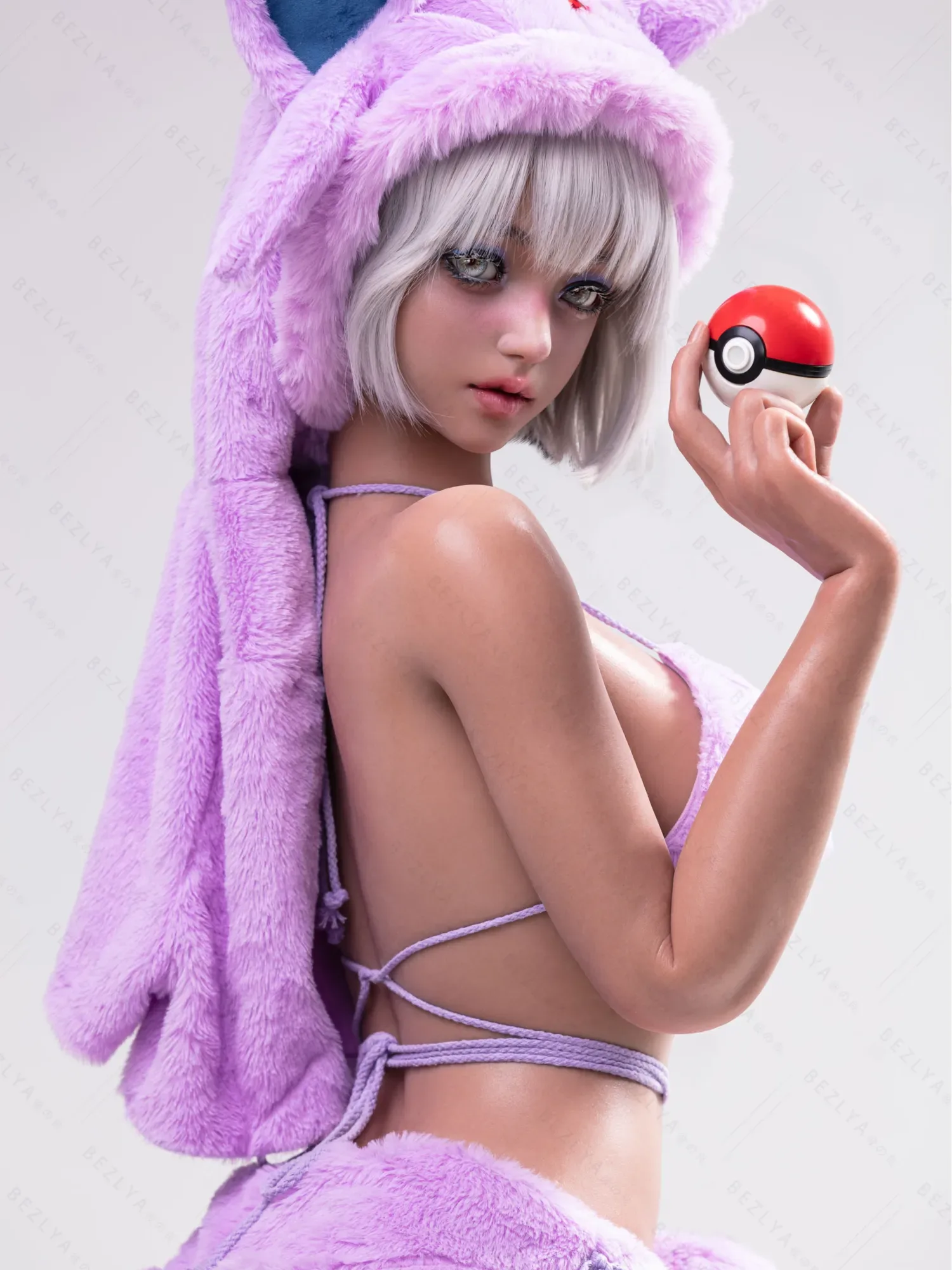 F5936-155Mcm(5.1ft)-38kg 2.2cf E Cup Sex Doll in Purple Plush Cat Costume – Realistic Silicone Anime Catgirl Doll for Adults|AITIA Doll view 4