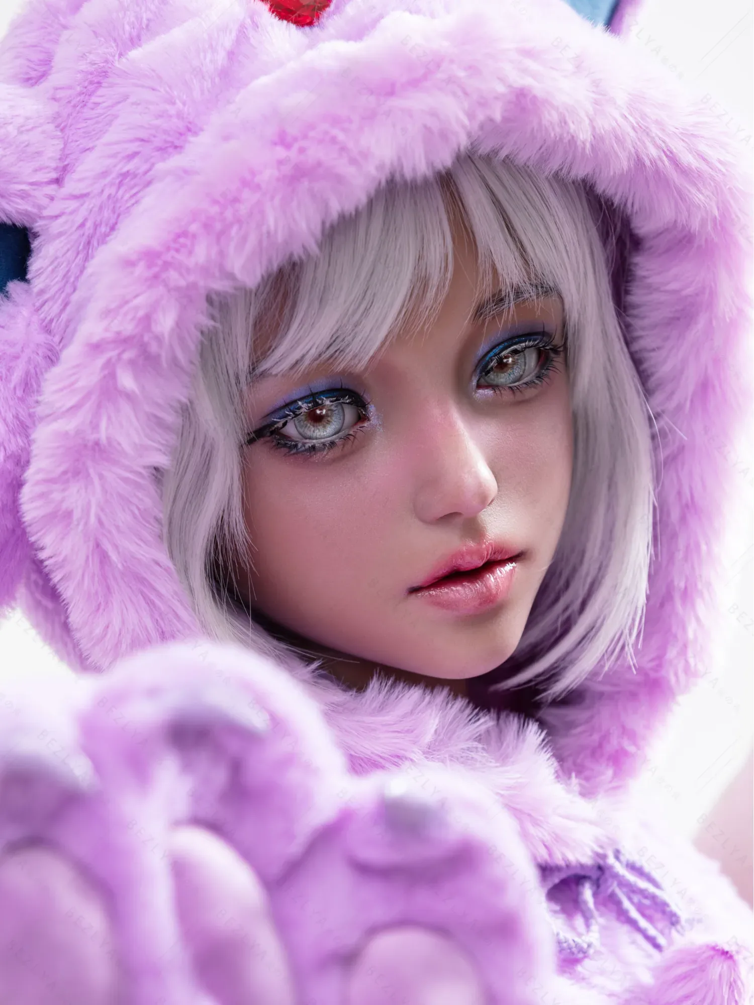F5936-155Mcm(5.1ft)-38kg 2.2cf E Cup Sex Doll in Purple Plush Cat Costume – Realistic Silicone Anime Catgirl Doll for Adults|AITIA Doll view 8