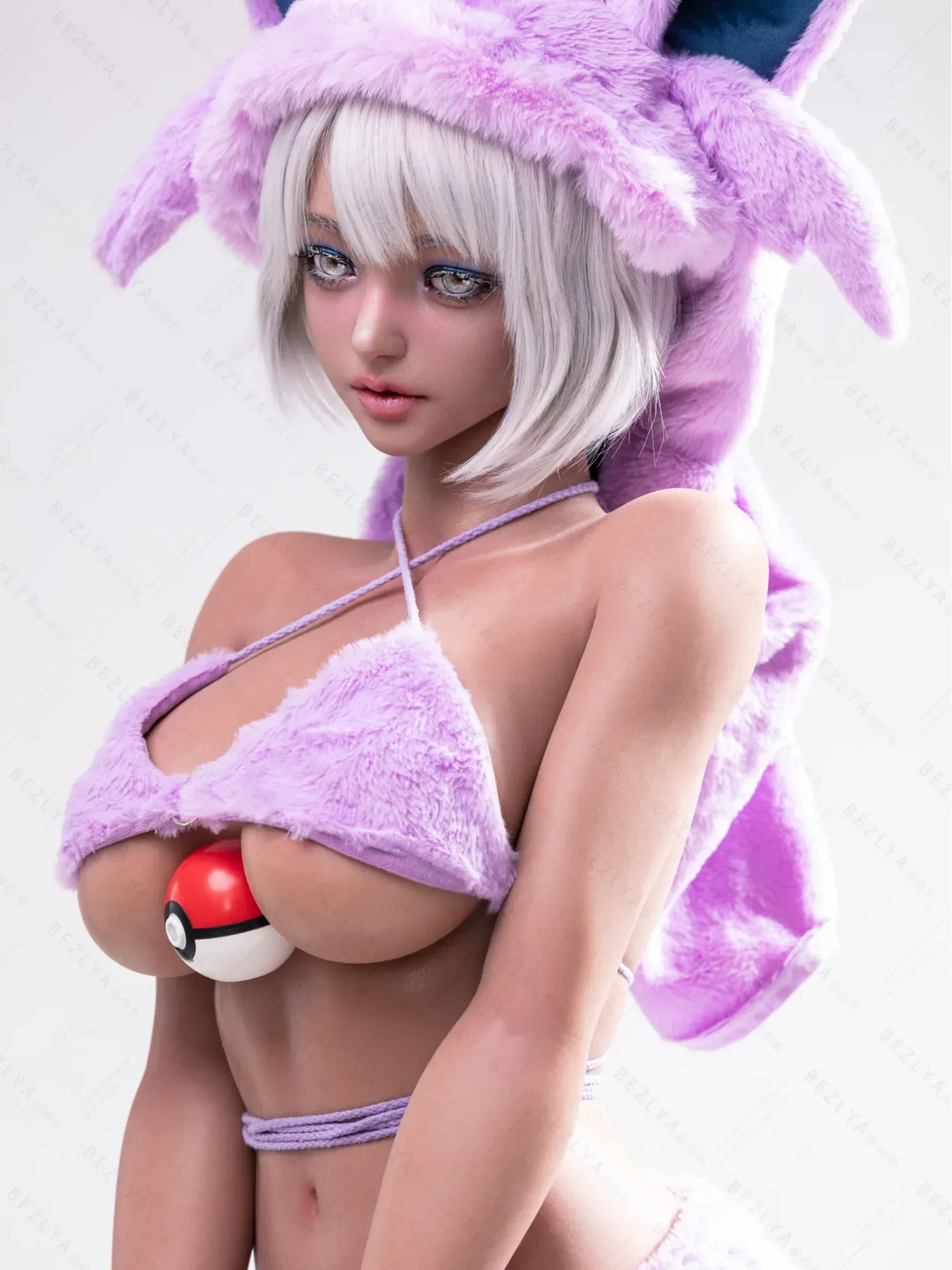 F5936-155Mcm(5.1ft)-38kg 2.2cf E Cup Sex Doll in Purple Plush Cat Costume – Realistic Silicone Anime Catgirl Doll for Adults|AITIA Doll view 10